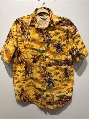 Sharon Young Yellow Western Cowboy Print Short-Sleeve Button-Up